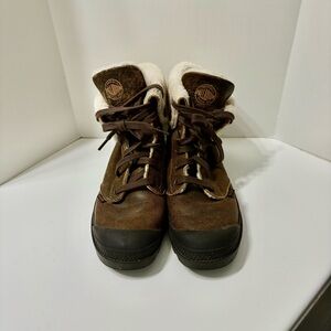 Palladium Women’s Brown Lace-Up Boots with Cream Shearling Collar